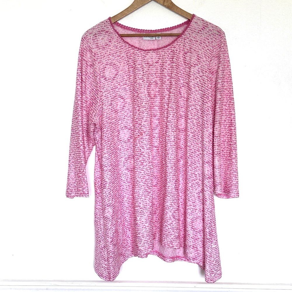 Kim Rogers Curvy Plus Shirt Women’s 1X Pink White 3/4 Sleeve Lightweight Top