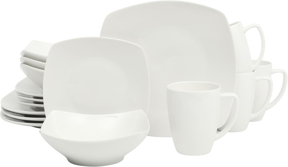 Zen Buffet White Porcelain Dinnerware Set for 4, Square Plates Bowls and Mugs, C