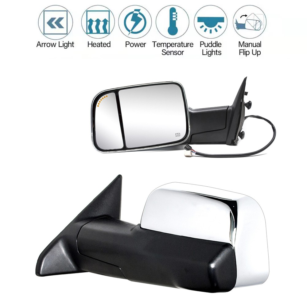 Pair Towing Mirrors Power Heated Fits 2009-18 Dodge Ram 1500 Left Right Chrome