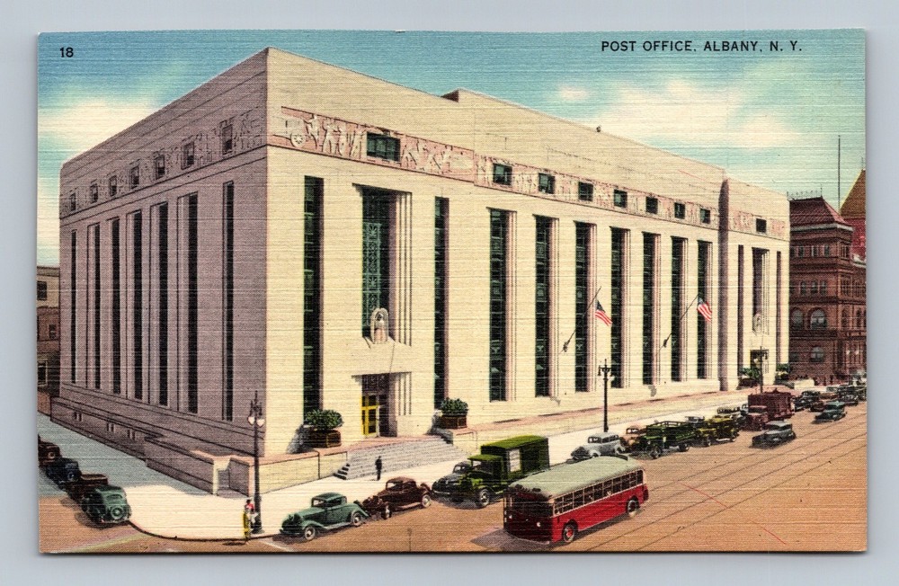 Vintage Postcard Post Office Albany NY Historic Building 1930s Cars