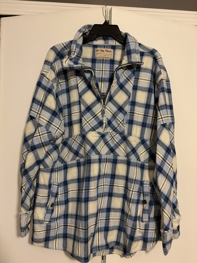 Free People We The Free Sz M Wind River Flannel Pullover Shacket Blue Plaid Zip