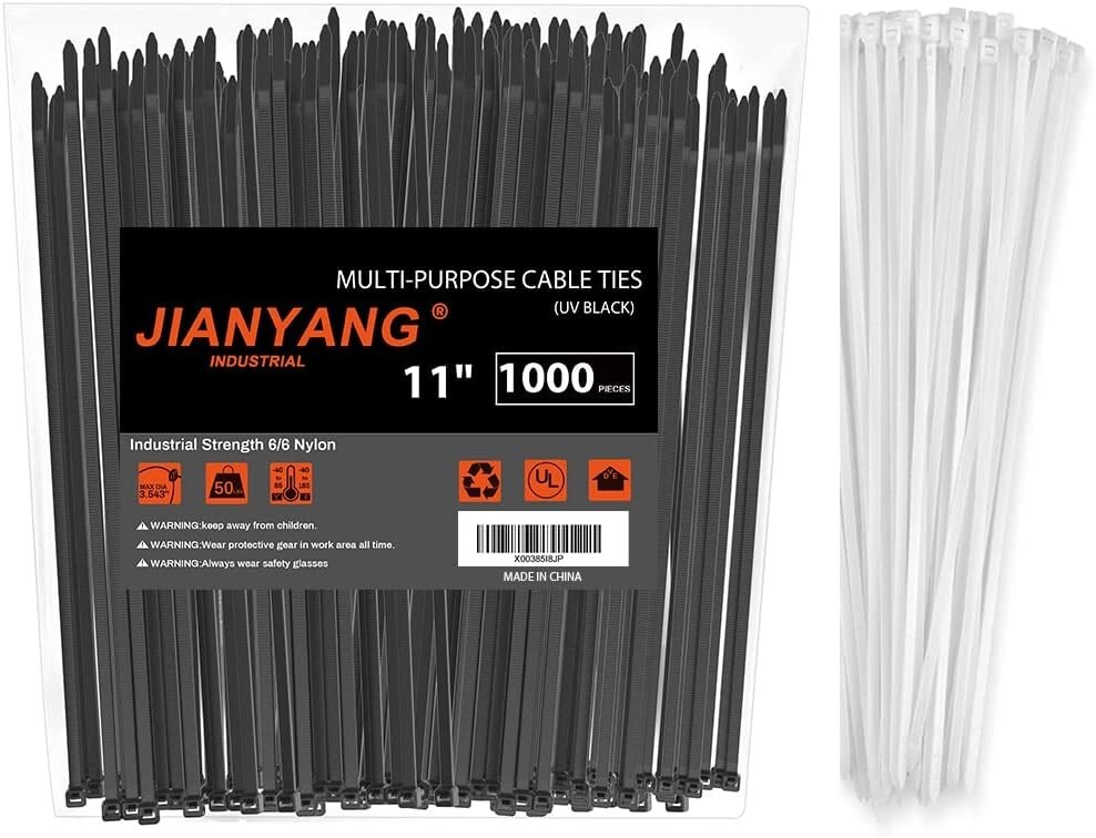 1000 Black & 100 White Heavy Duty 11-Inch Cable Zip Ties Bulk Pack