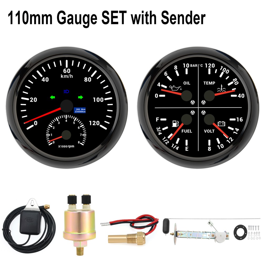 110mm 2 Gauge Set GPS Speedometer Tachometer 120km/h & 4 in 1 Gauge with Senders