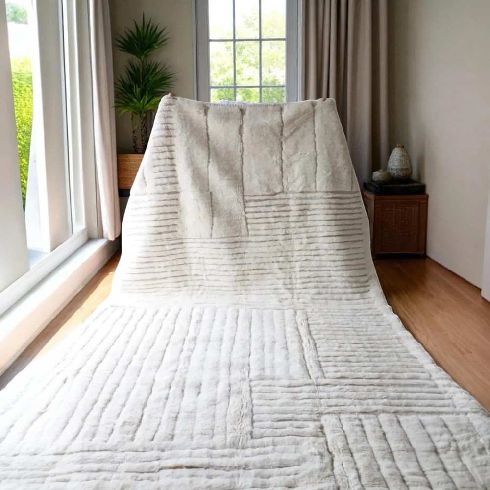 Hand Knotted Moroccan Berber Wool Rug Color Ivory Handmade Design Carpet Rug