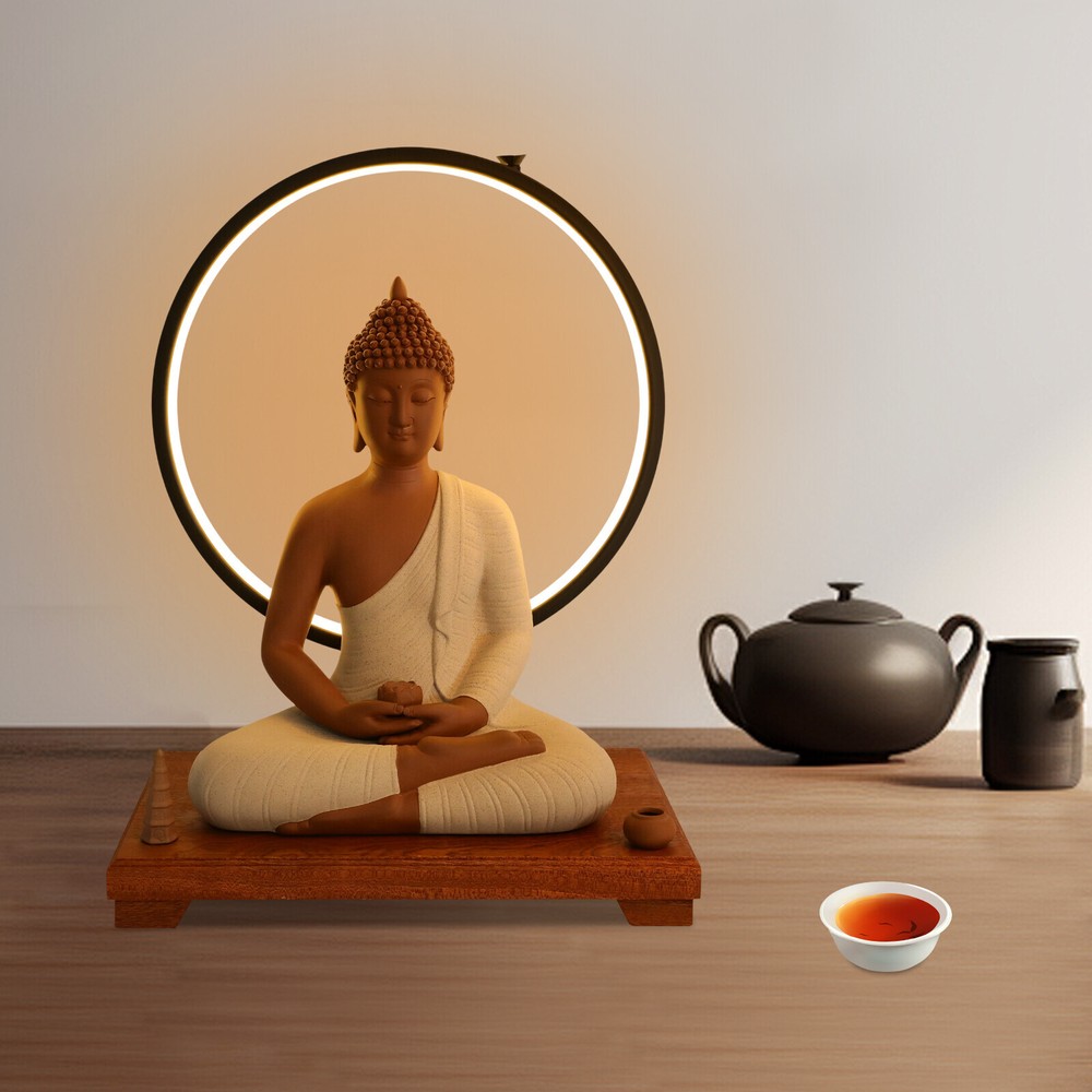 Ceramic Buddha Statues for Home Decor LED Circle Table Lamp with Brocade Box