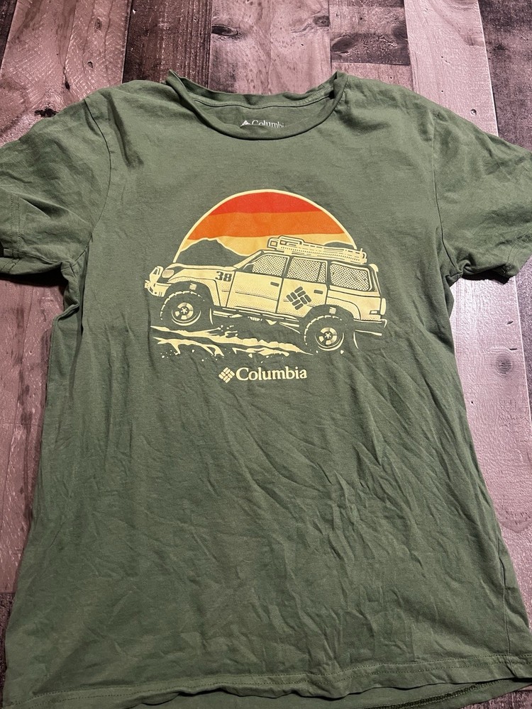 Columbia Graphic T Shirt Mens S Green Camping Jeep Sunset Outdoor Tee