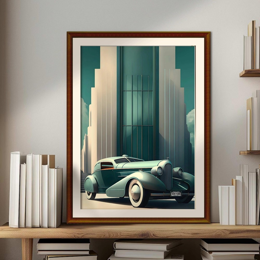 Vintage Art Deco Green Car Wall Art Luxury Poster