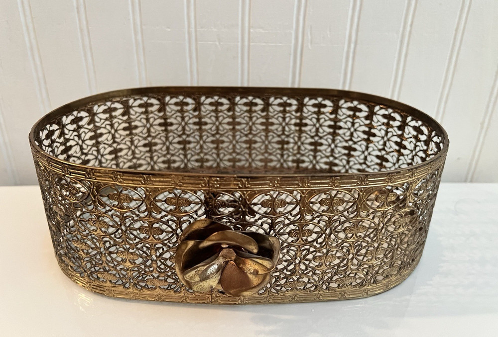 Vintage 1950s Hollywood Regency Gold Filigree Oval Basket Metal Rose Accent 5x9