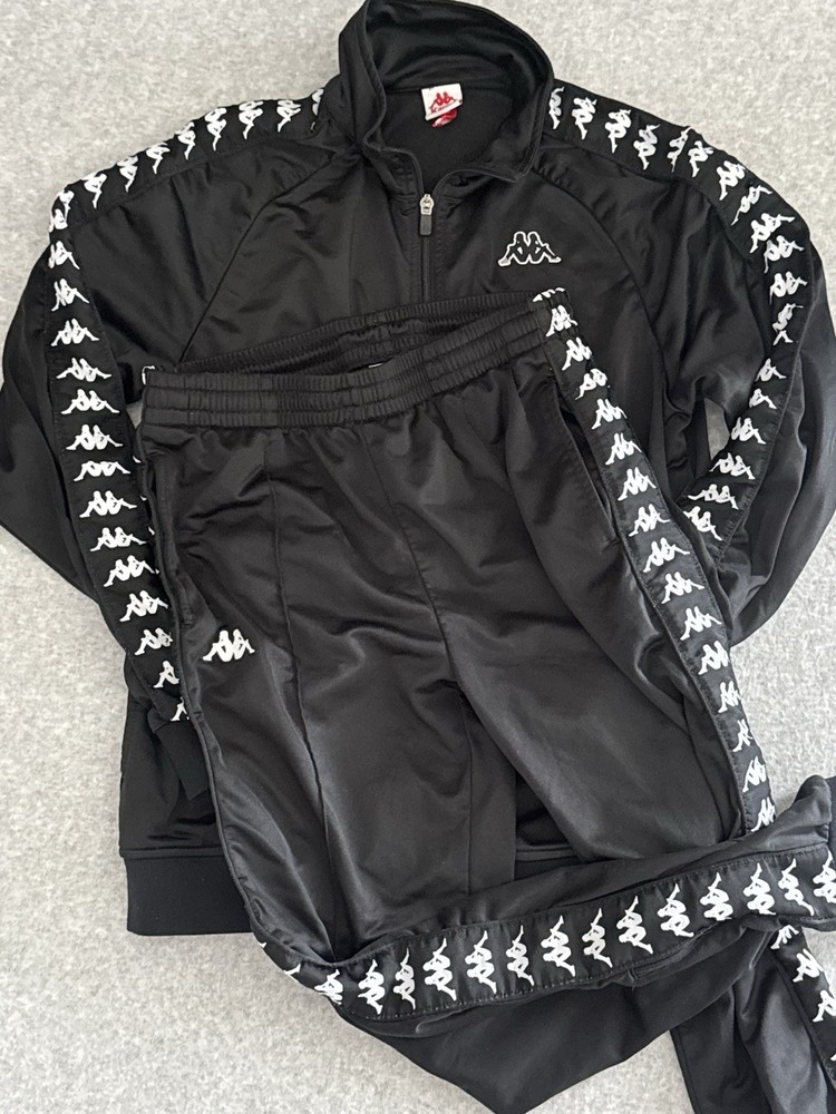 Kappa Black White Tracksuit Set Of 2 Logo Tape Full Zip Jacket Pants Men’s Large