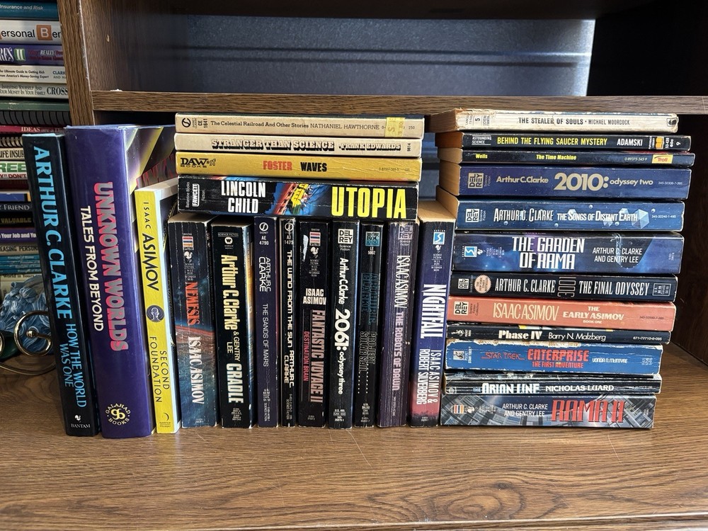 25 Vintage Sci-Fi Books Lot: Asimov, Arthur C Clarke, Rama, Moorcock, Del Rey