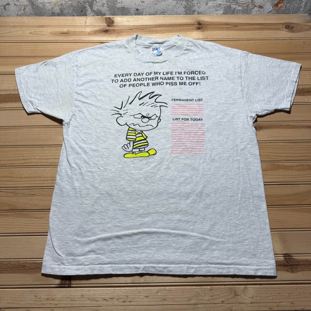 Vintage 90s Permanent List Pissed Cartoon Graphic T-Shirt USA Made - Size XL