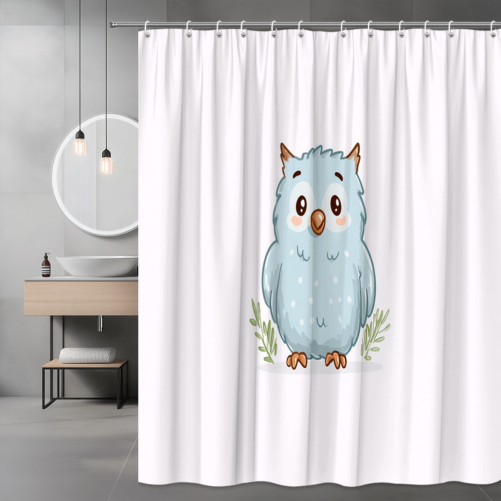 Cute Owl Shower Curtain, Blue Cartoon Bird Print Bathroom Decor