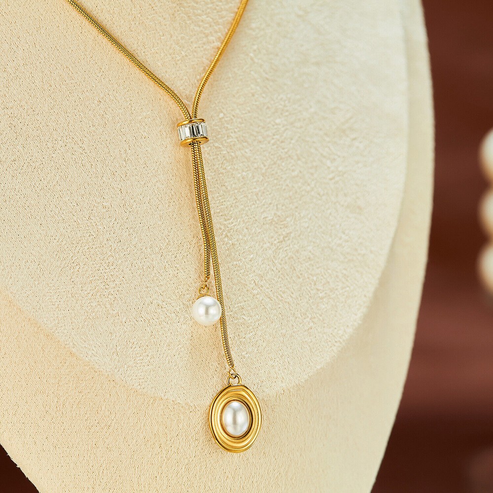 Women Girl Pearl Pendant Necklace Gold Plated Dainty Choker Long Snake Chain
