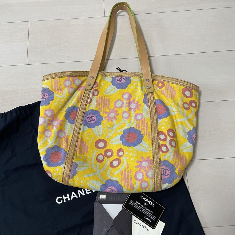Chanel Large Flower Print Canvas Tote Bag with Leather Accents Pre-Owned
