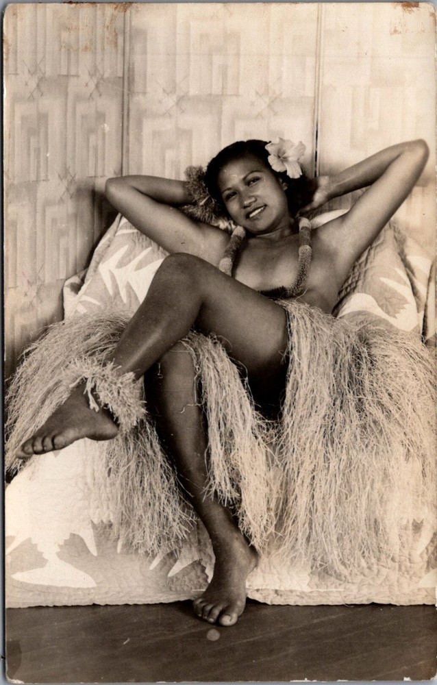 Vintage RPPC Hawaiian Hula Girl Portrait Grass Skirt Flower Lei Real Photo