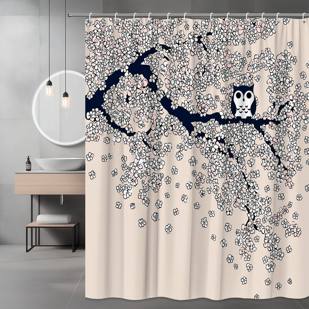 Cherry Blossom Owl Shower Curtain Floral Branch Print