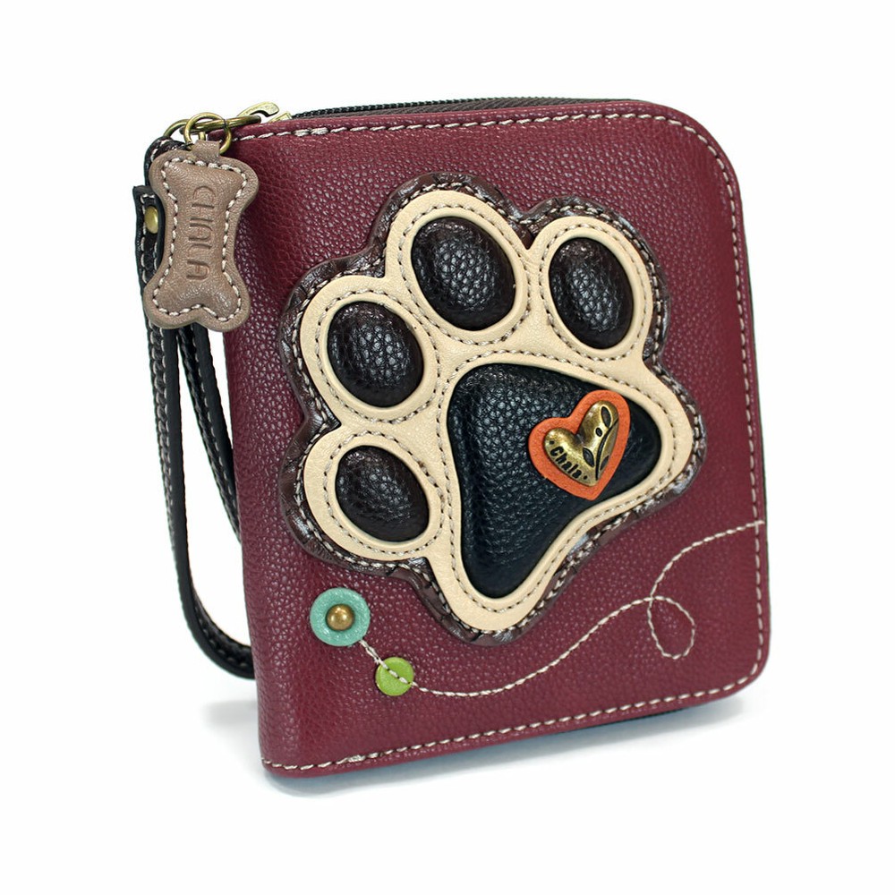NEW CHALA MAROON CREAM PAW PRINT DOG ZIP AROUND WALLET FAUX LEATHER