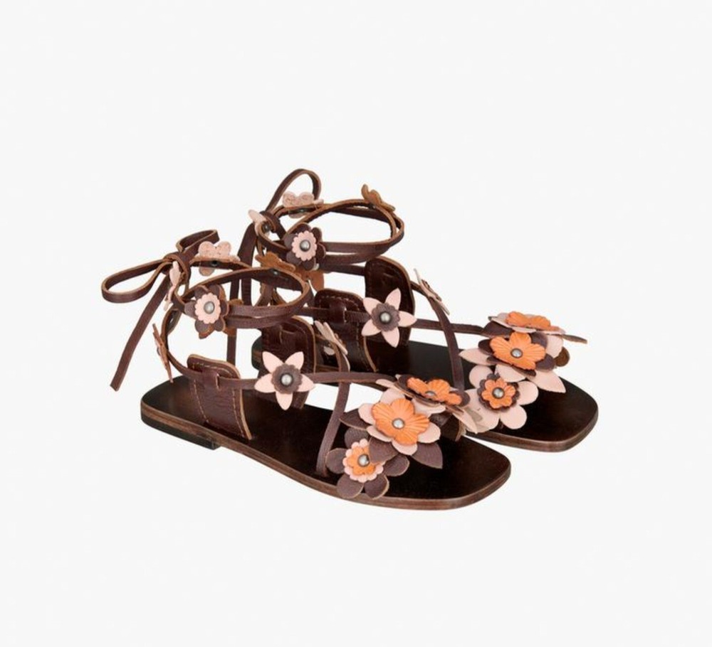 Zara Lace-Up Leather Sandals – Brown Floral Flat, Size 6, NWT