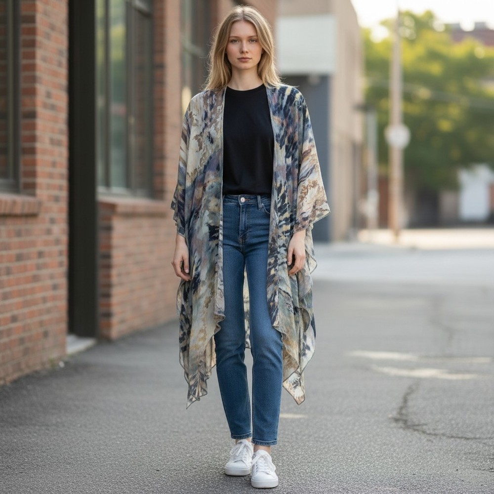 Karen Kane Tie Dye Kimono Wrap Women M/L Multi Color Boho Open Front Cardigan