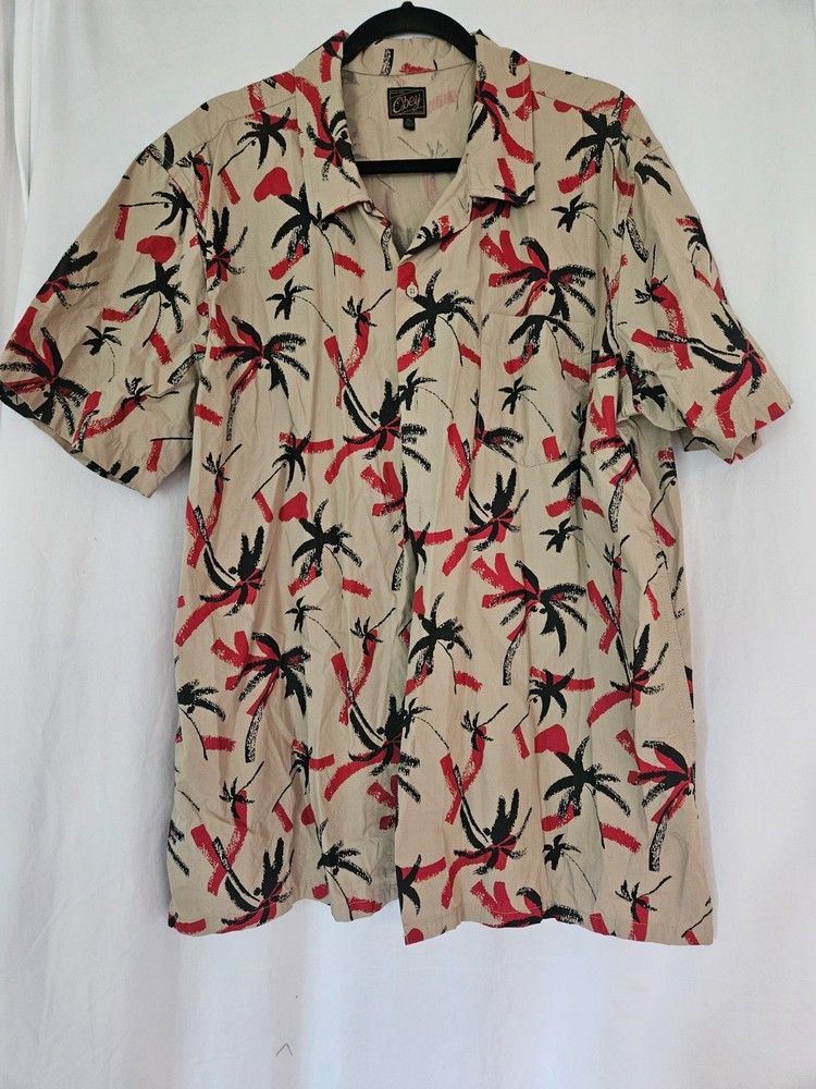 Obey Shirt Men's XL Tan Red Black Palm Trees Button Up Dark Abstract Hawaiian-image
