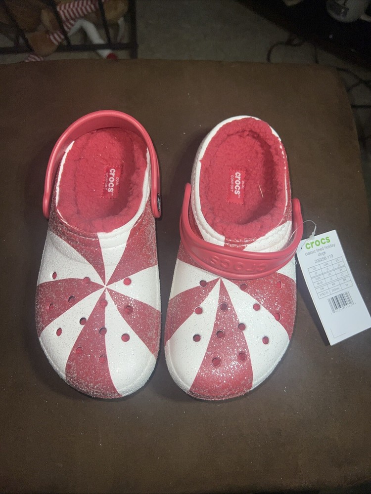 Crocs Lined Holiday Clog Peppermint Candy Glitter Christmas sz J3 or women’s 4
