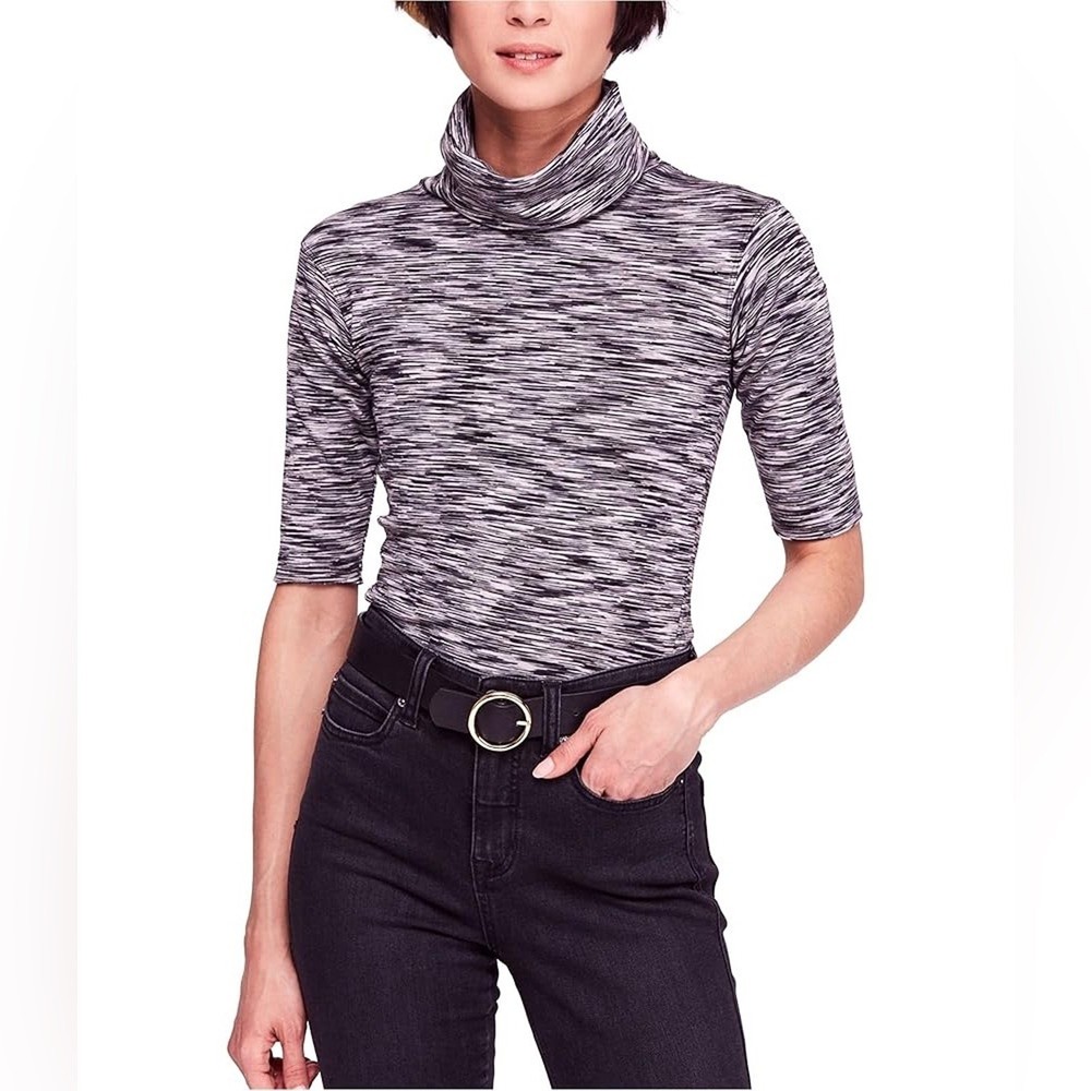 Free People Sunshine Turtleneck Top space dye Black and White 1/2 length sleeve
