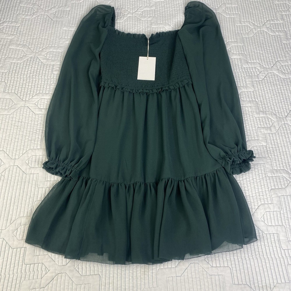 Aritzia Wilfred Tempest Smocked Ruffled Mini Dress in Dark Green Sz XS