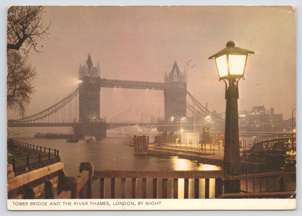 Foreign~Tower Bridge & The River Thames @ Night~London UK~Continental Postcard