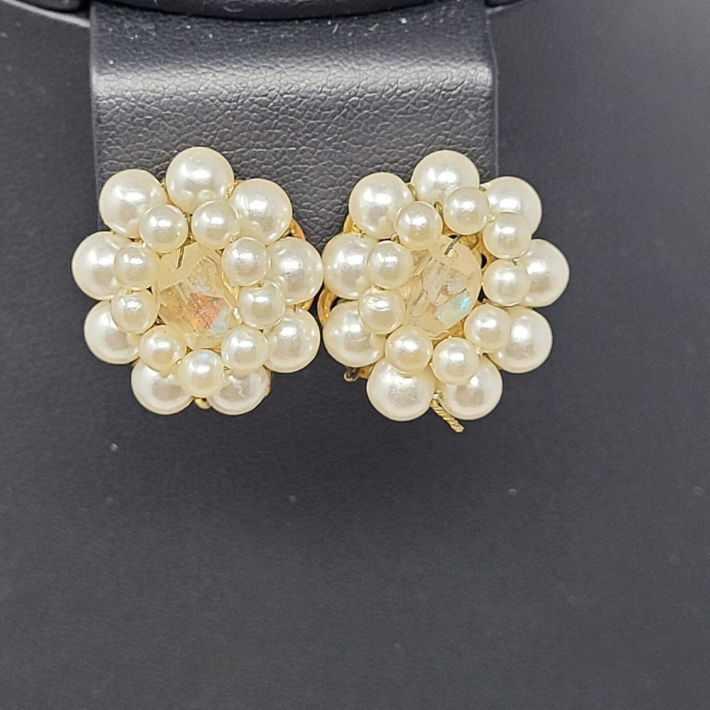 Vintage Signed Japan Gold Tone Faux Pearl Clip-On Earrings Flower Rhinestone