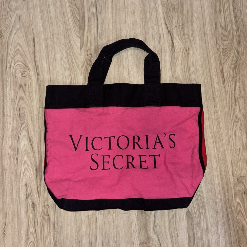 Victorias Secret Canvas Tote Bag Pink Black Red Spellout Large Shoulder Purse