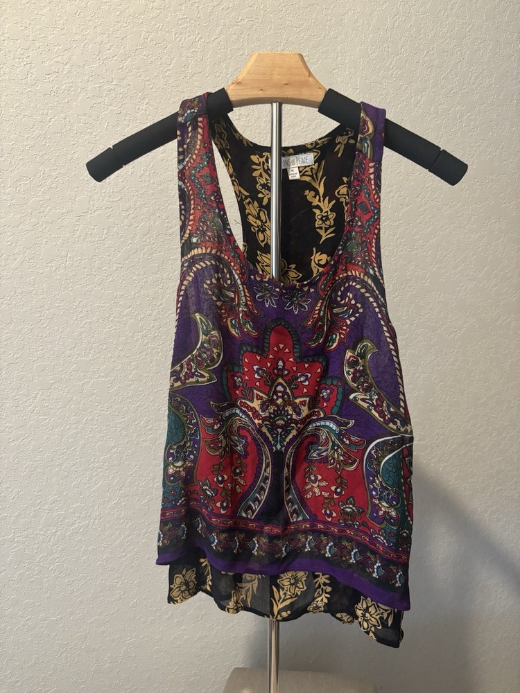 Patrons of Peace Paisley Tank Top Layered Scarf Cross Back Boho Women’s Medium