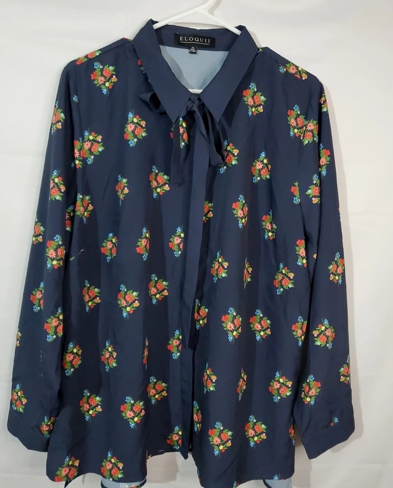 ELOQUII Women's Size 20/2XL Blouse Button Up Floral Long Sleeve Tie Neckline