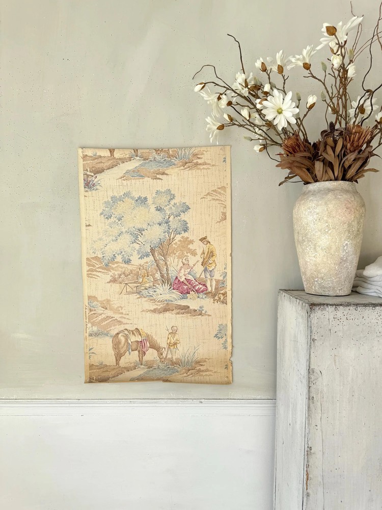 1 yrd Vintage French toile fabric panel à la manière Aubusson pastoral horse pi