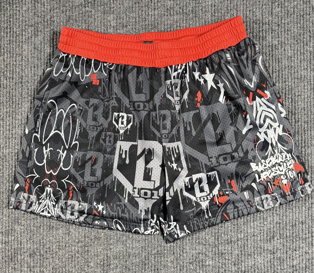 Baseball Lifestyle 101 Shorts Mens Medium Graffiti Print Mesh Gym Black Red