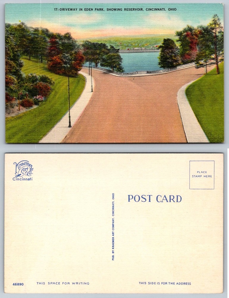 Vintage Linen Postcard Driveway Eden Park Reservoir Cincinnati Ohio Kraemer Art