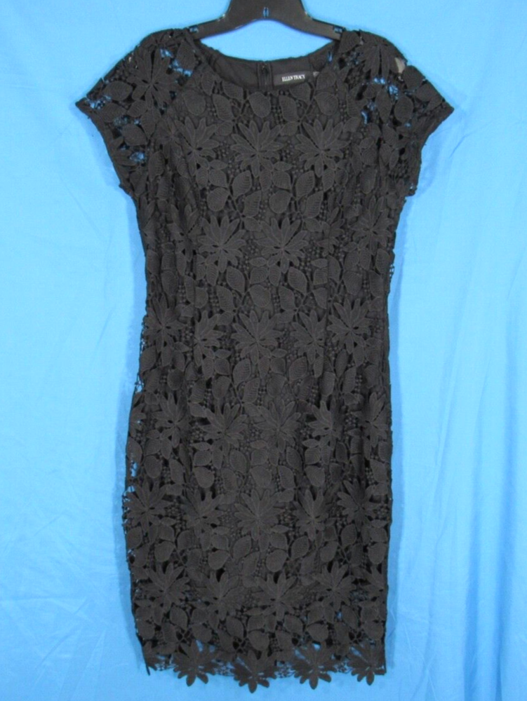 ELLEN TRACY Black FLORAL Lined LACE OVERLAY Back Zip CLASSY LBD Sheath Dress 10