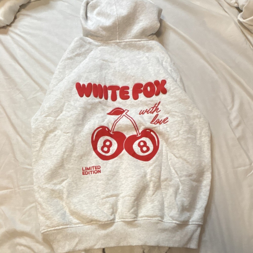 White Fox Gray Red Cherry Logo Graphic Print Pullover Hoodie Long Sleeve S/M