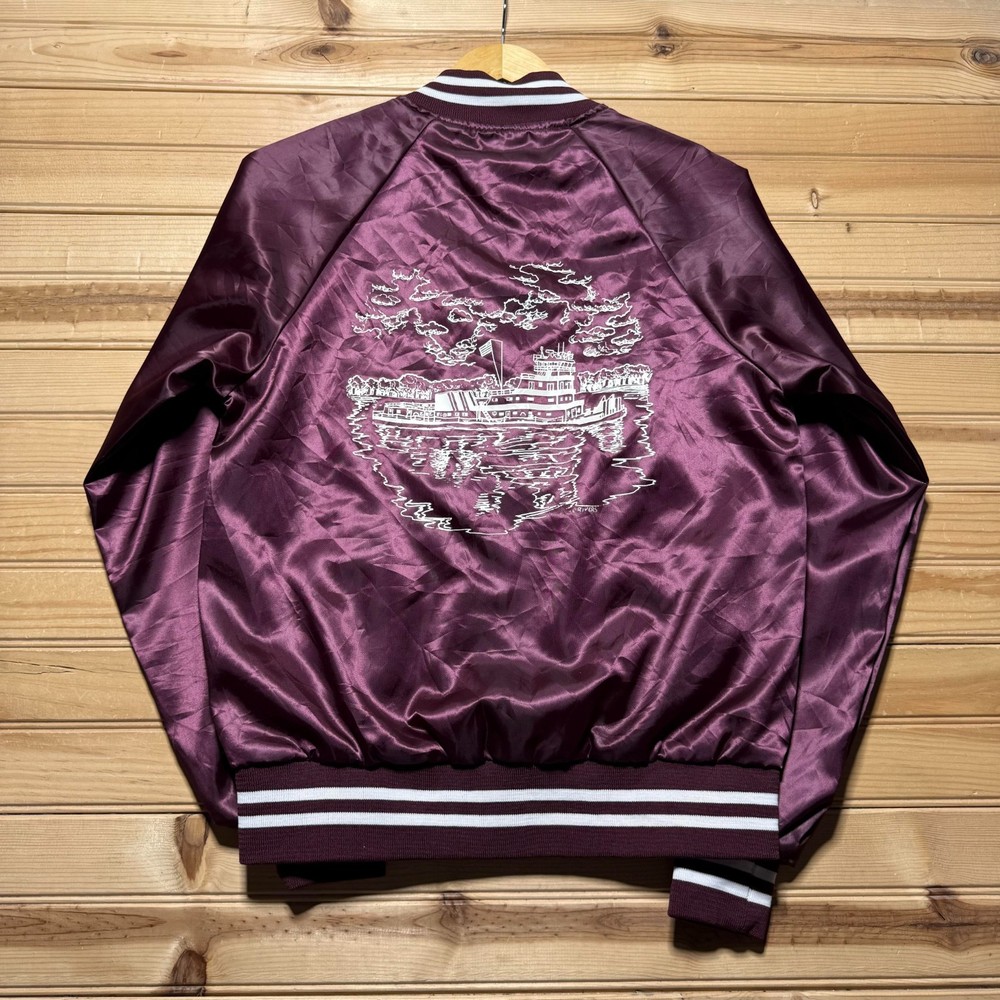 Vintage 80s Riverboat Full Button Graphic Satin Bomber Jacket USA Made - Small