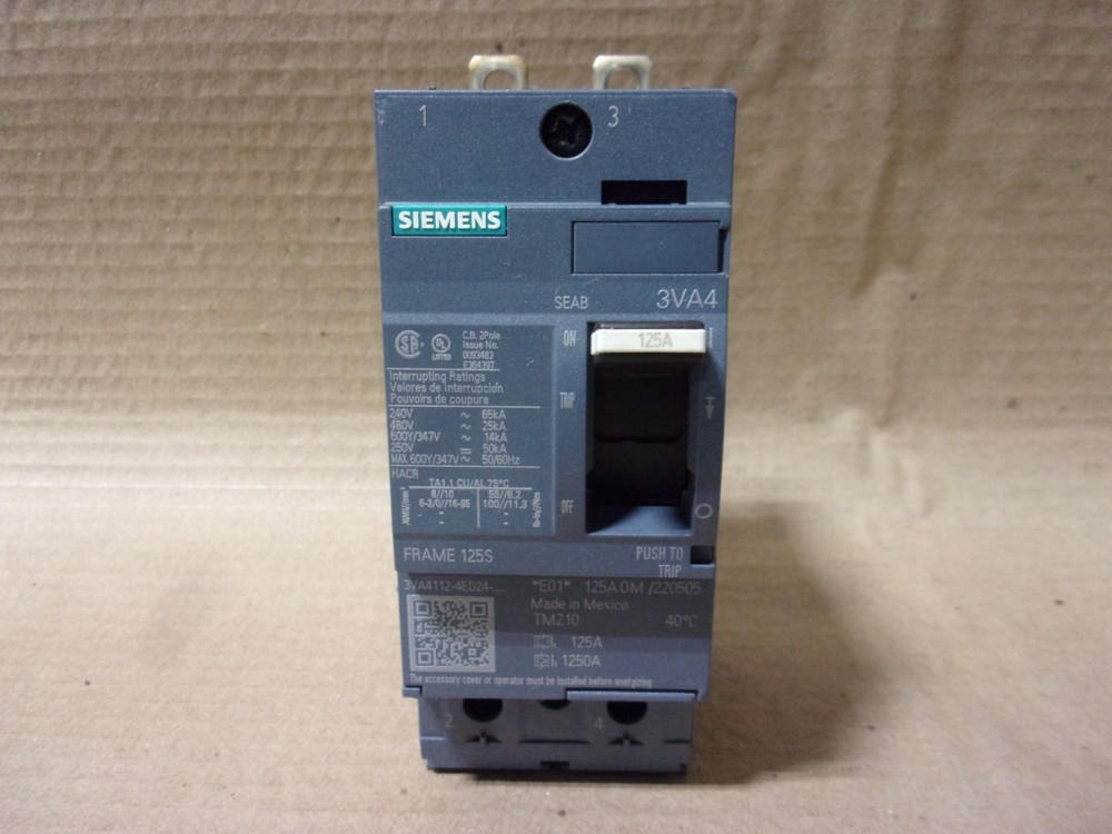 NEW Siemens 3VA4112-4ED24-0AA0 2 Pole 125 Amp 600Y/347V Circuit Breaker Silk NTO