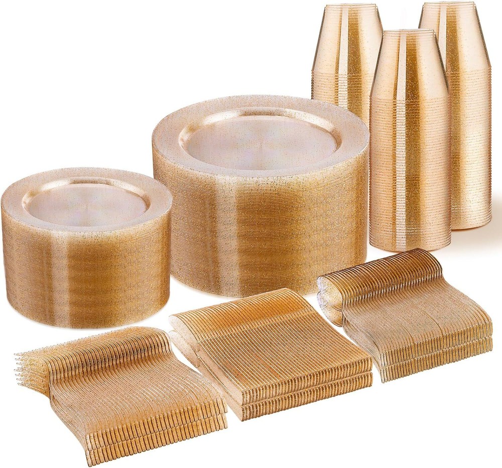 450-Piece Gold Glitter Disposable Dinnerware Set for 75 Guests – Plastic Plates & Cutlery