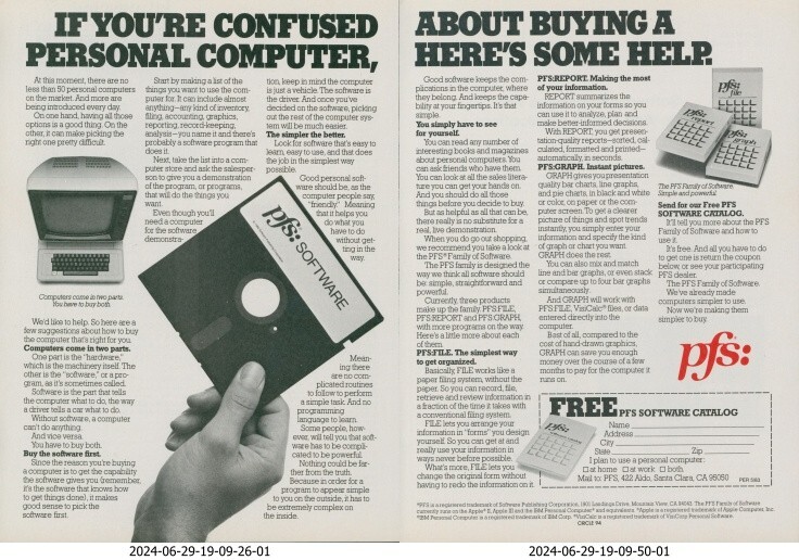 1983 PFS Software Catalog Offer Help Buying Personal Computer Ad PEC1