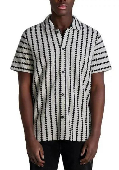 KARL LAGERFELD PARIS Men's Textured Wavy Print Short Sleeve Button-Up Shirt XL