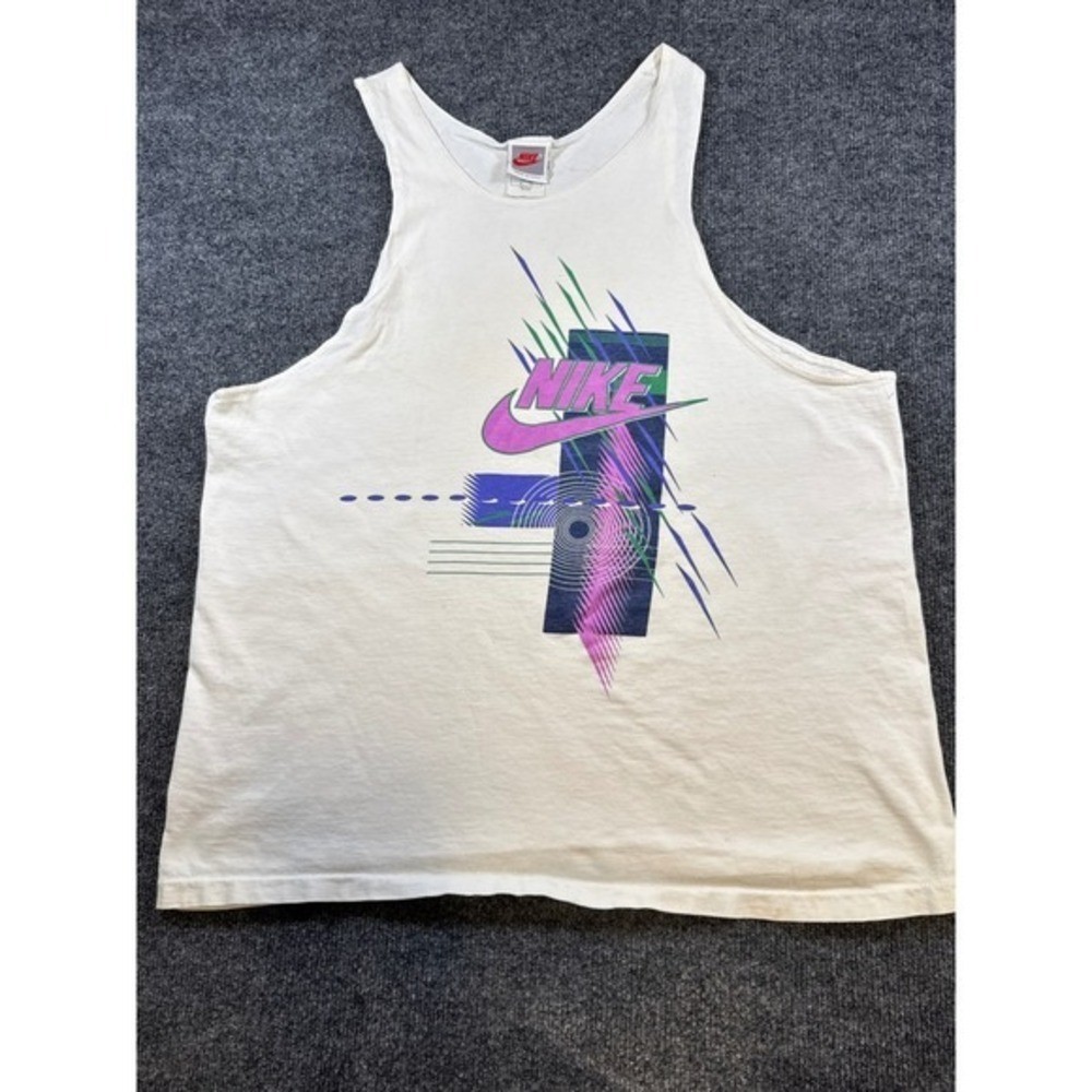 Vintage 90s Nike Graphic Tank Top Mens XL White Made in USA Abstract Swoosh-image