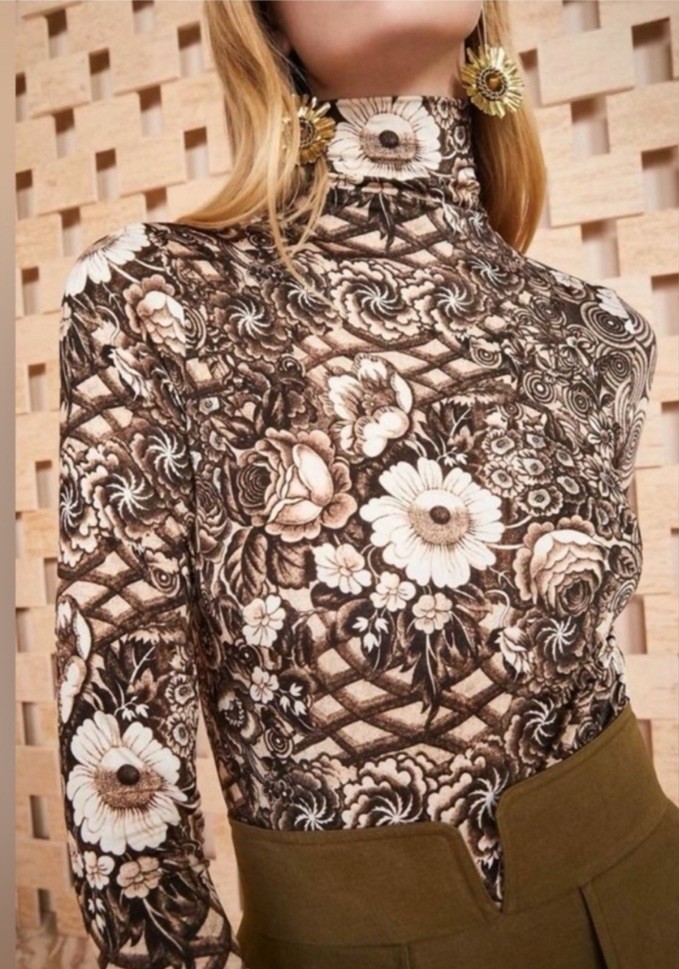 Ulla Johnson Aurelia Turtleneck Top Large Floral Teak Brown Mesh Romantic