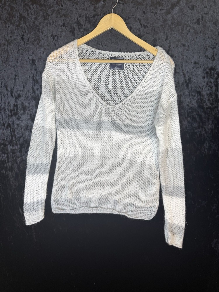 Abercrombie Fitch Sweater Womens S Gray Striped Lightweight Crew Neck Pullover