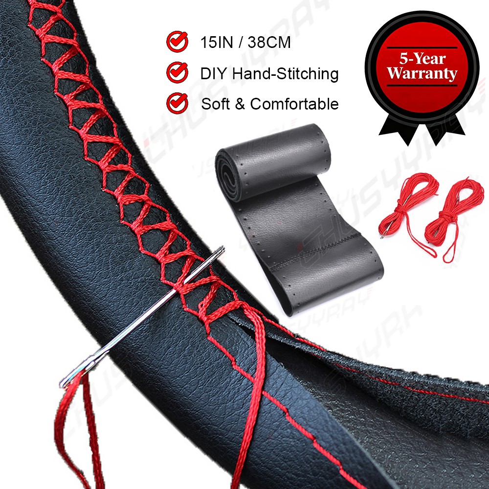 Car Auto DIY Black Genuine Leather Steering Wheel Cover Wrap Sew-on Kit 15
