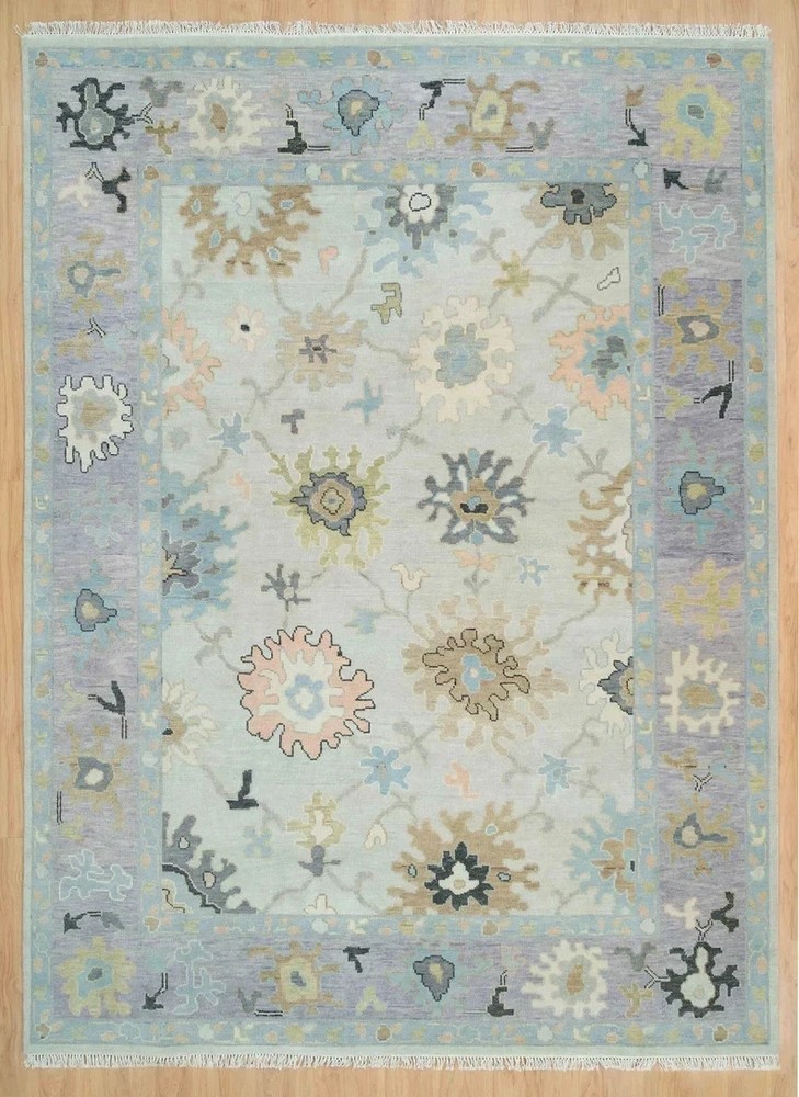 Hand Knotted Oushak Rug 8x10 Pastel Blue Turkish Wool Area Rug Muted Floral rug