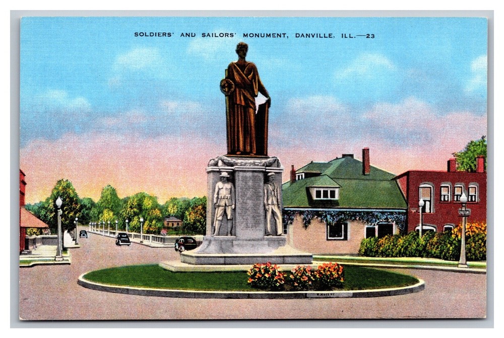 Danville IL Soldiers' and Sailors' Monument & Memorial Bridge Linen Postcard
