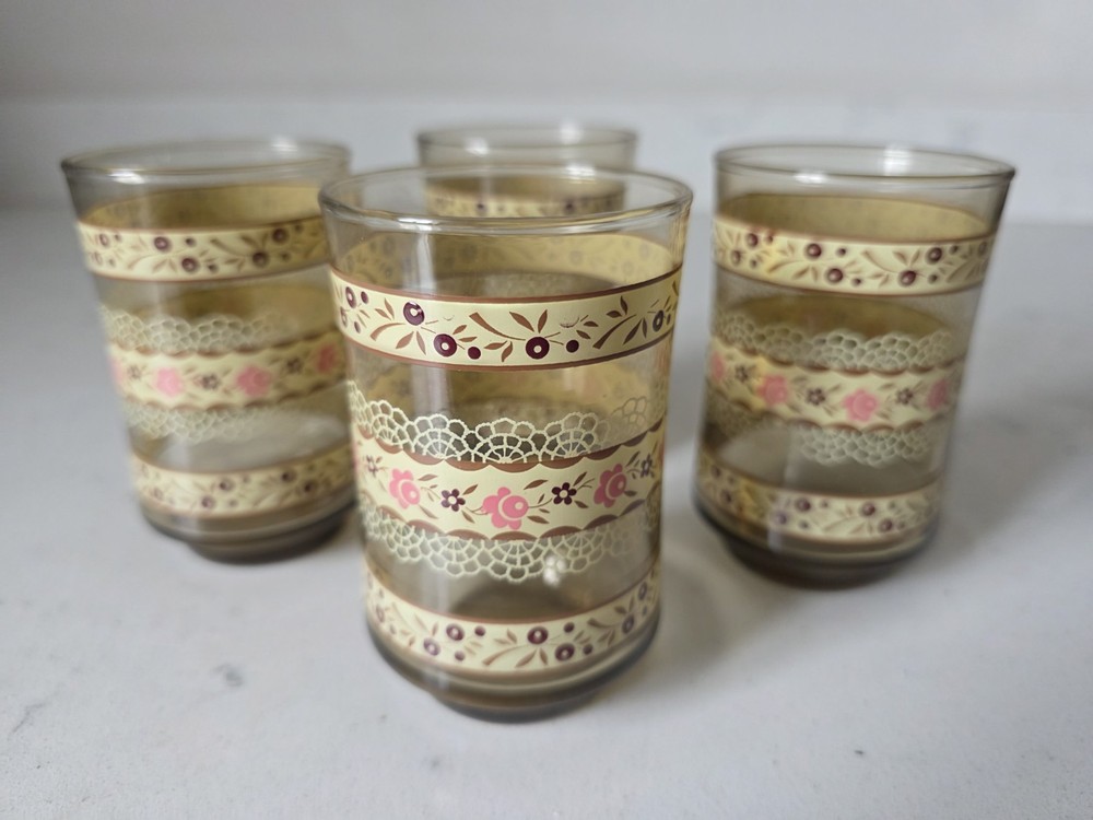 Vintage 4 Pc MCM Libbey Juice Glasses Set 4 Brown Tan Stripes W/Pink Flowers