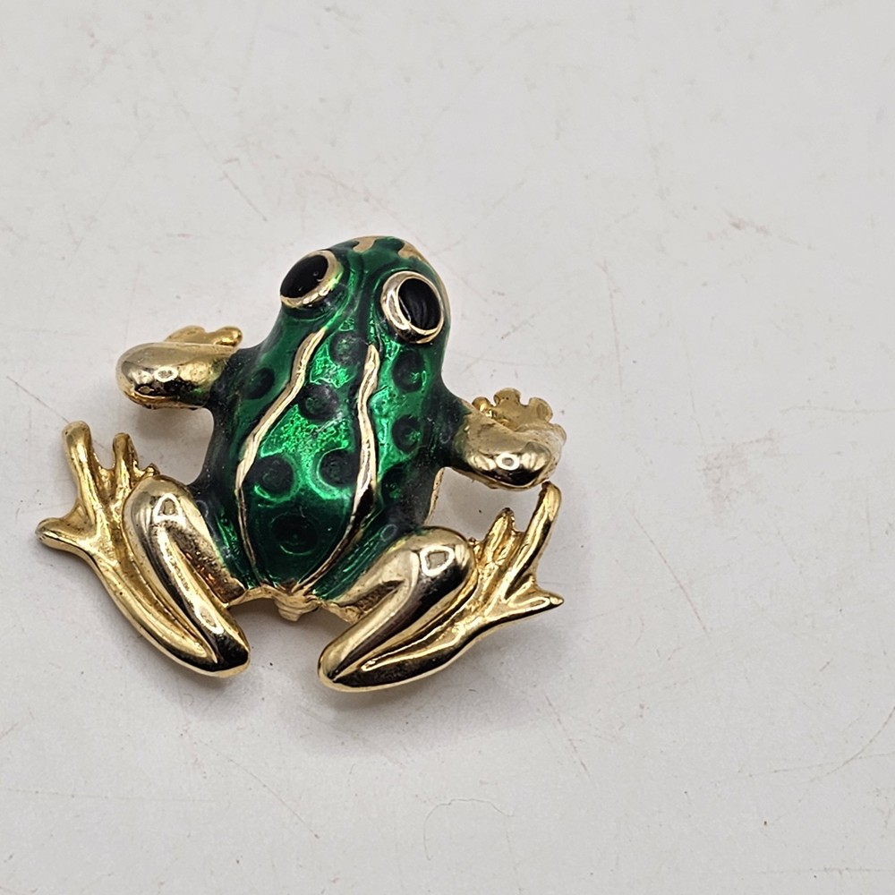 AAI Green Enamel Gold Tone Frog Brooch Pin Vintage Signed